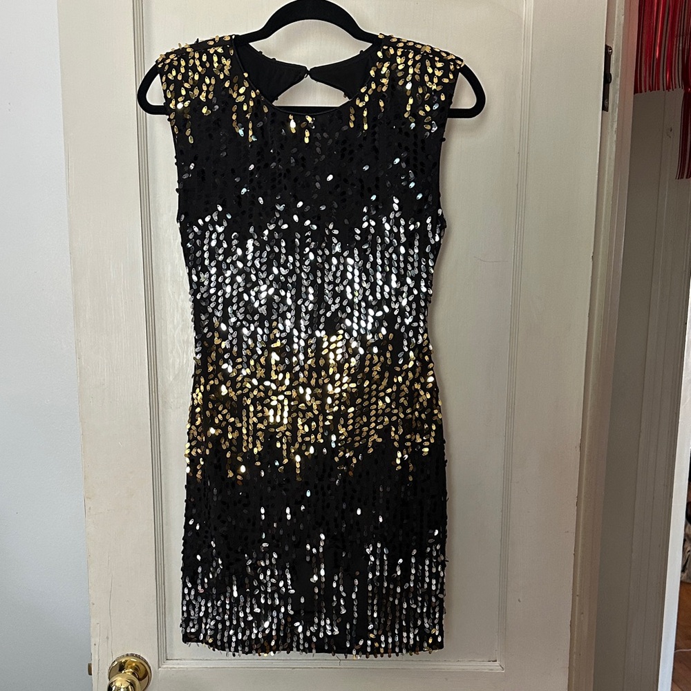 As U Wish Black, Gold and Silver Sequin Mini- Size Medium- open back party dres